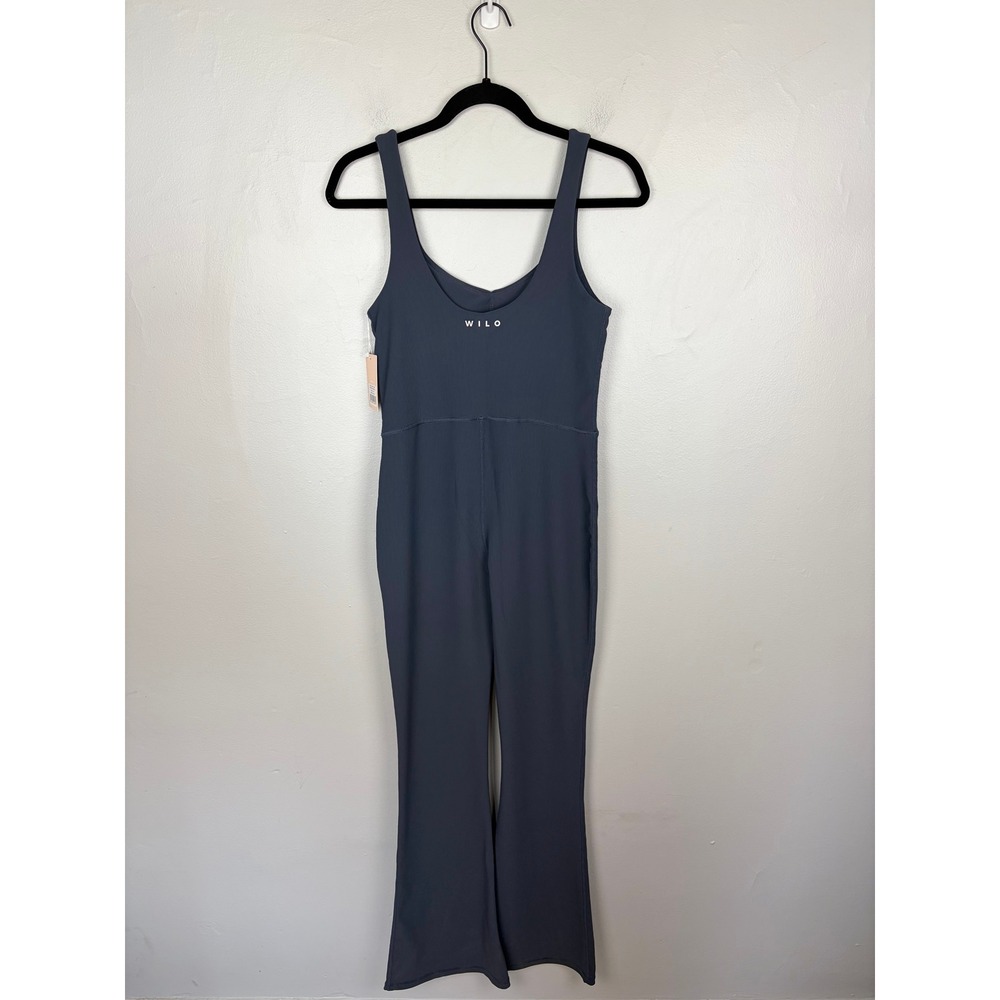 Wilo The Label V-Neck Flare Unitard Gunmetal Sleeveless Jumpsuit Blue Size M - Picture 6 of 11